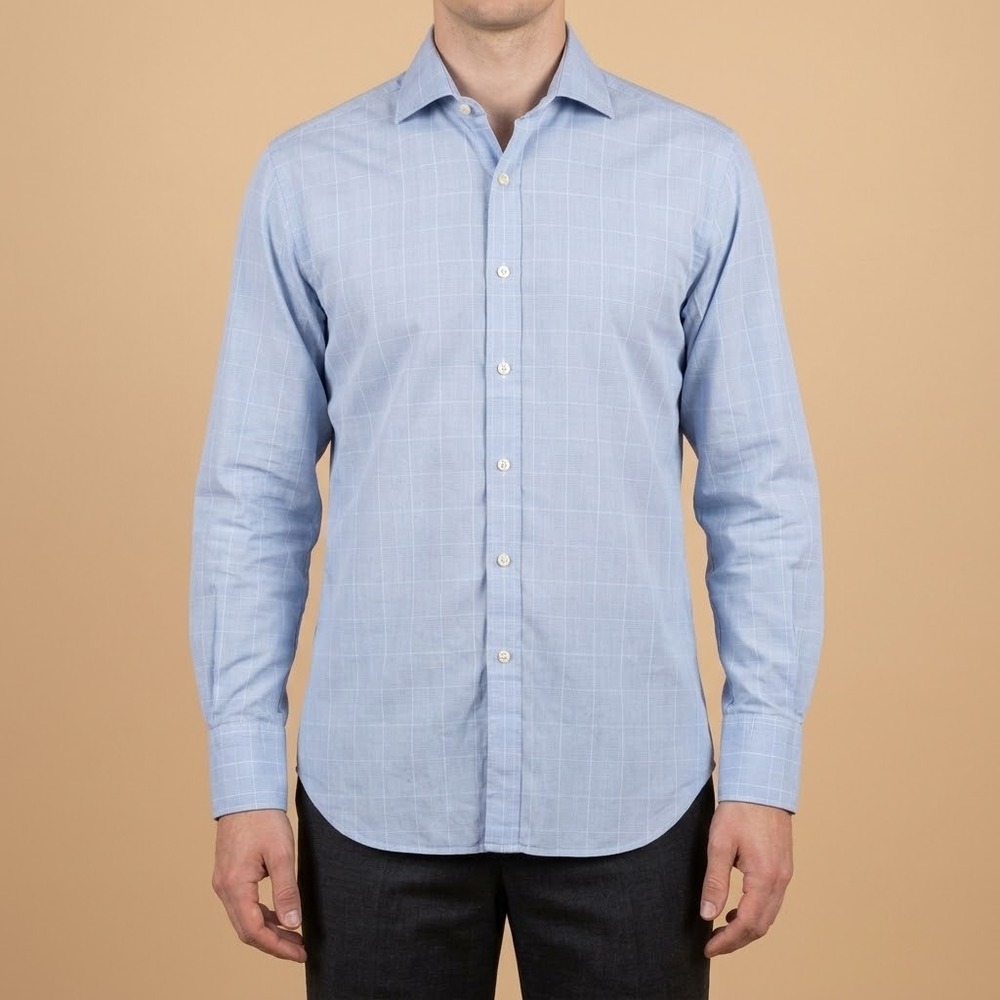 TM Lewin Blue Check Dress Shirt Mens 15.5 34.5 French Cuff Cotton EUC
